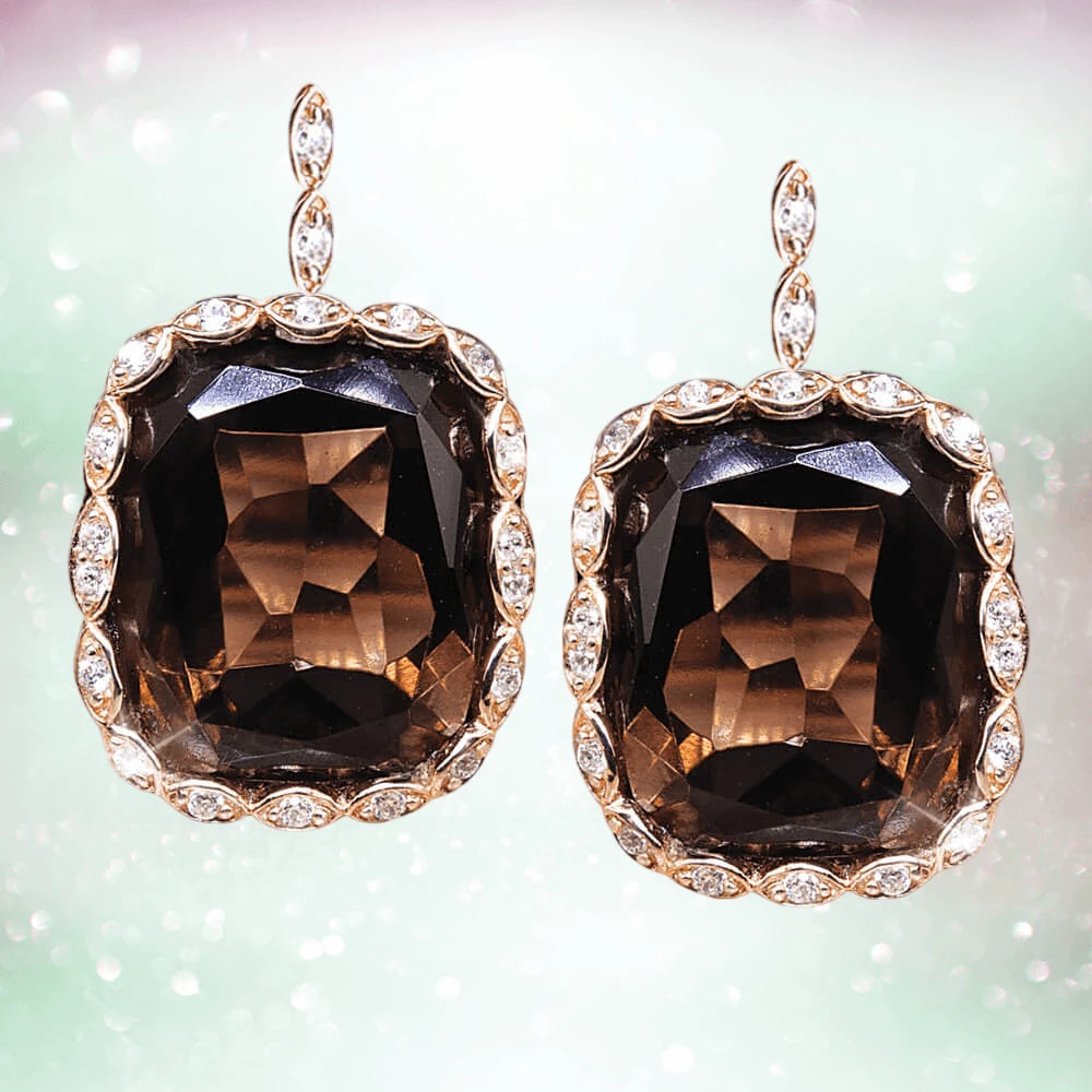 Athena Smokey Quartz Earrings featuring large smokey quartz stones set in sterling silver with rose gold plating and surrounded by small sparkling accents, designed for women.