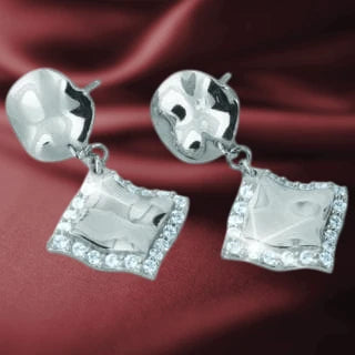 Paris Scarf Earrings crafted from sterling silver, featuring a polished round stud with a dangling square charm accented by sparkling stones, designed for women’s jewelry.