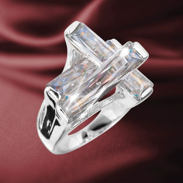 Contemporary Cross Ring Clear featuring a sterling silver band with rhodium plating, designed for females, showcasing a modern cross shape with clear gemstone accents.