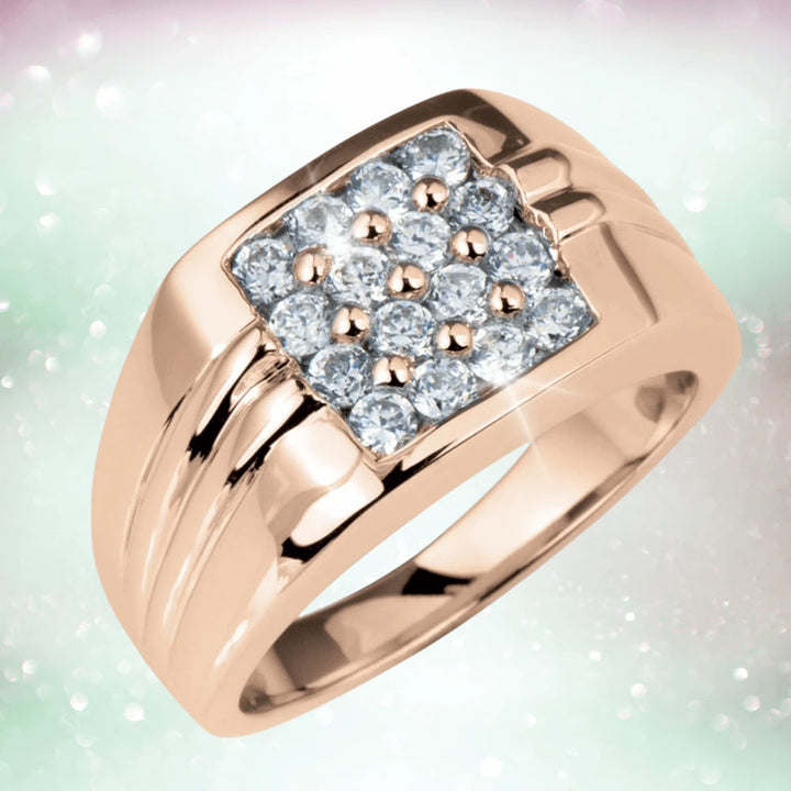 Mirage Men's Ring Rose Gold featuring a sterling silver base with rose gold plating, showcasing a cluster of sparkling diamonds in a bold, masculine design.