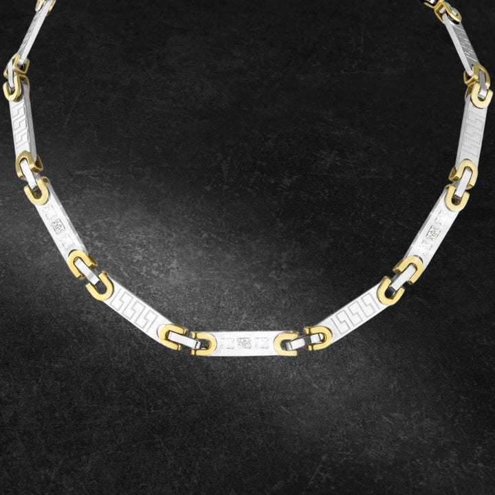 Olympus Men's Necklace featuring a two-tone stainless steel design with alternating silver and gold links, showcasing a modern and elegant style for men’s jewelry.