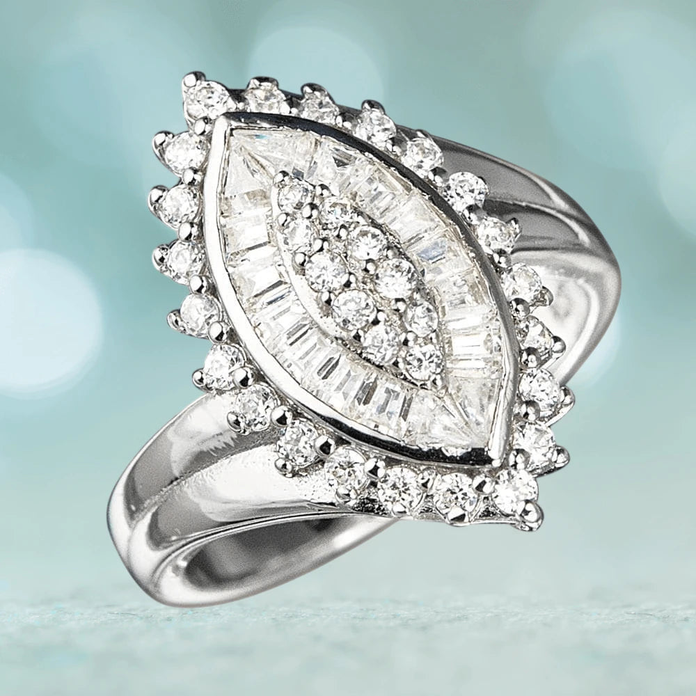 Daria Marquise Ring featuring a sterling silver band with rhodium plating, showcasing a marquise-shaped cluster of sparkling clear stones in an elegant design for women.