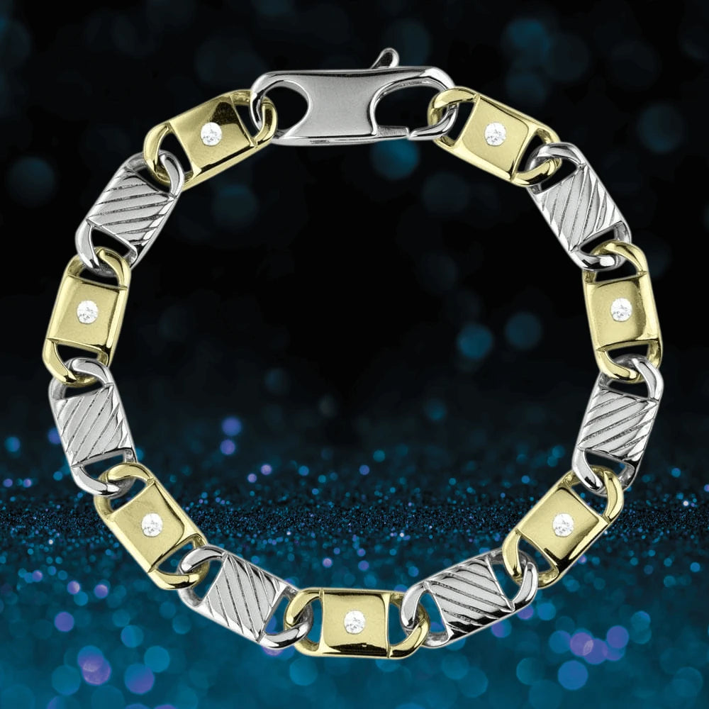 Hamilton Bracelet featuring a two-tone stainless steel design for men, showcasing alternating gold and silver links with embedded clear stones, perfect for elegant jewelry collections.