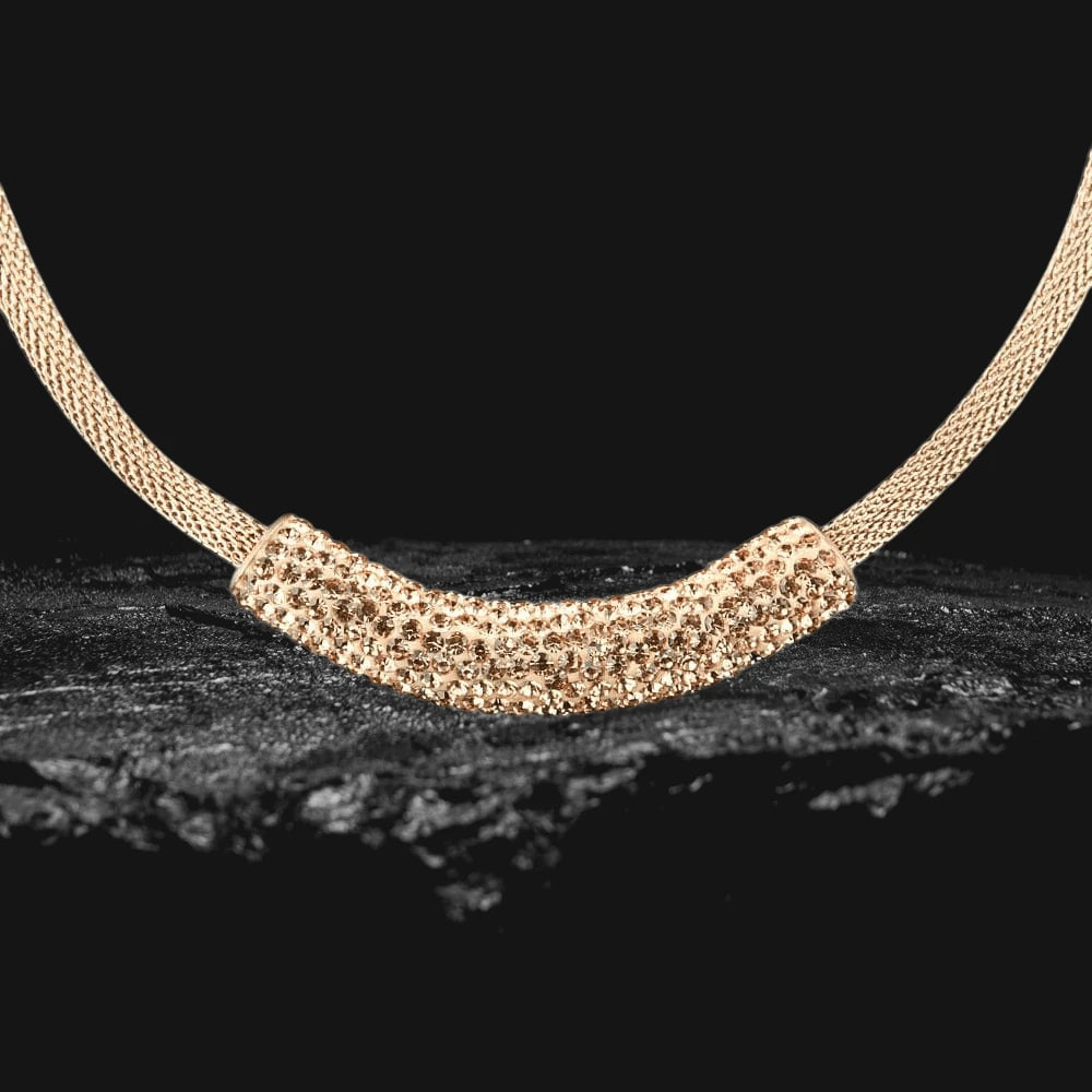 Crystal Contessa Rose Gold Necklace featuring a rose gold plated stainless steel pendant encrusted with crystals on a matching mesh chain, designed for women’s jewelry collections.