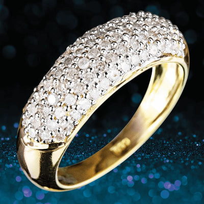 Tuscany Diamond Ring featuring sterling silver with gold plating, designed for female wearers, showcasing a pavé-style setting of sparkling diamonds on the band.