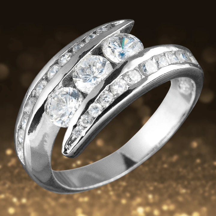 Elegant Jazz Wrap Rhodium Ring for women, crafted from sterling silver with sparkling clear stones set in a modern, sophisticated design.