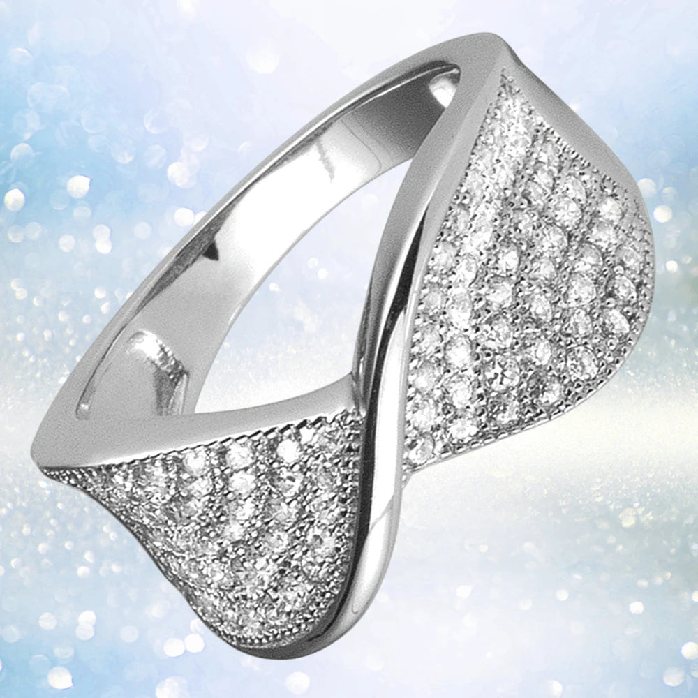 Pave Twist Rhodium Ring in sterling silver with rhodium plating, featuring a sparkling pave design for an elegant and sophisticated look for women’s jewelry.