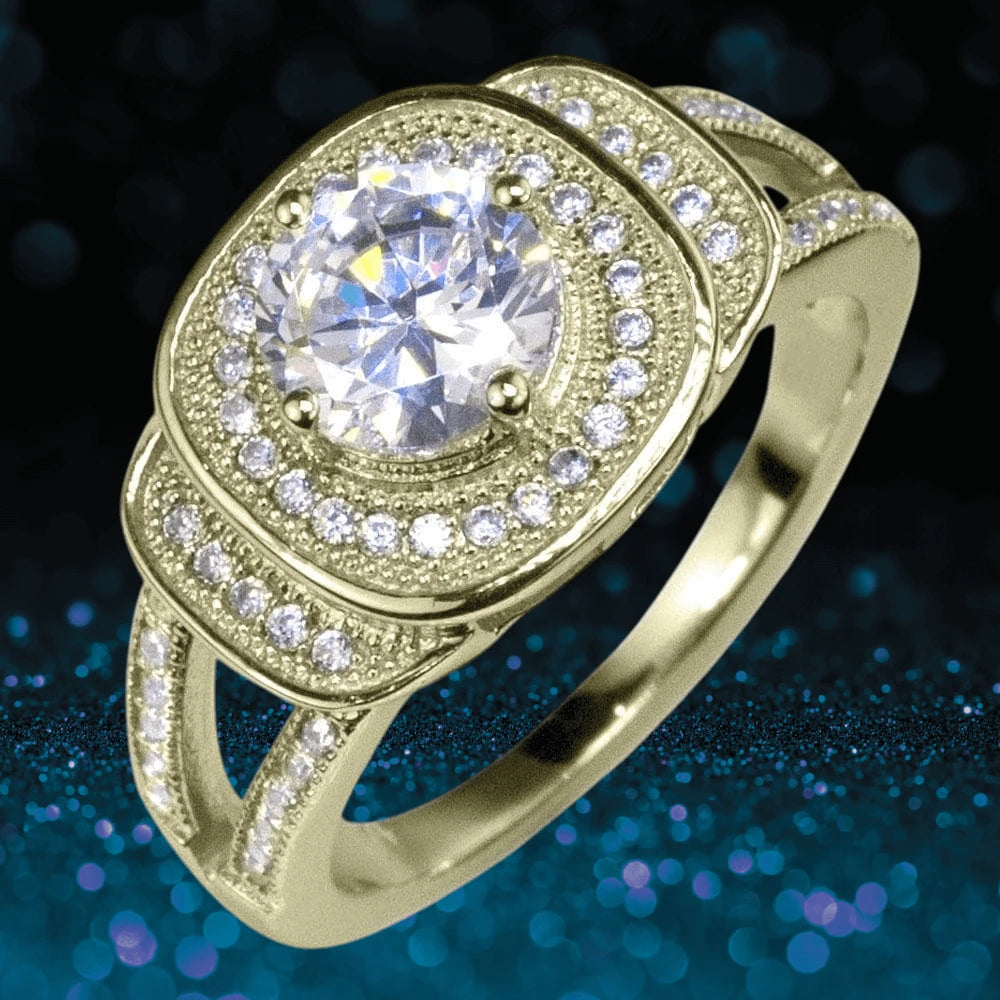Isobella Gold Ring featuring a sterling silver band with gold plating, adorned with a large central gemstone surrounded by smaller sparkling stones, designed for women’s jewelry.