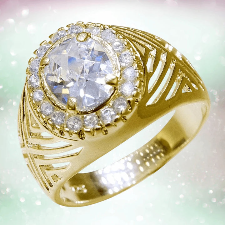Men's Ethos Ring crafted from sterling silver with gold plating, featuring a large central clear gemstone surrounded by smaller sparkling stones in an intricate design.