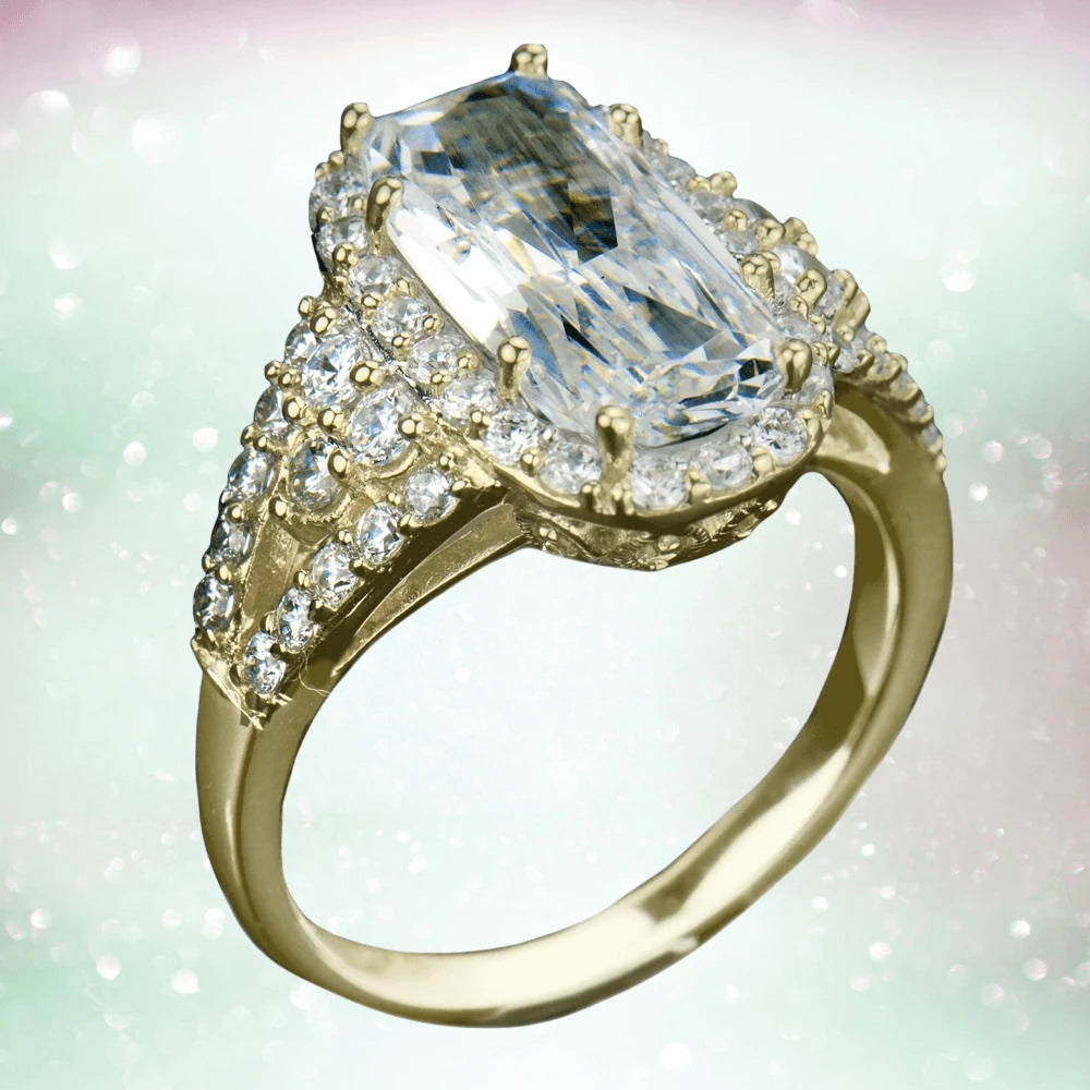 Glacier Gold Ring featuring a large oval clear gemstone surrounded by multiple smaller sparkling stones set in gold-plated sterling silver, designed for women’s jewelry.