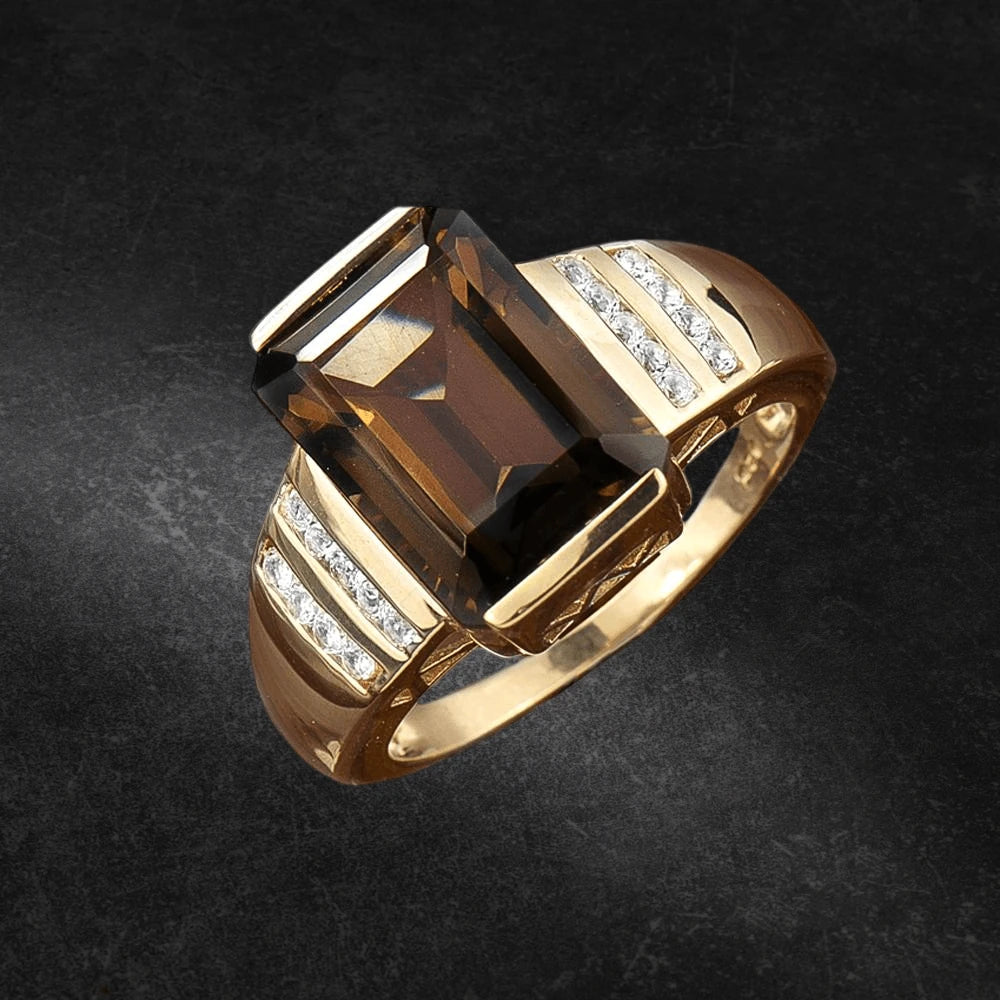 Havana Men's Ring featuring a large rectangular smoky gemstone set in a gold-plated sterling silver band accented with sparkling clear stones on each side, designed for men’s jewelry.
