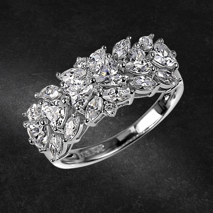 Florianna Marquise Ring crafted in sterling silver with rhodium plating, featuring multiple sparkling marquise-cut stones designed for women’s elegant jewelry collections.