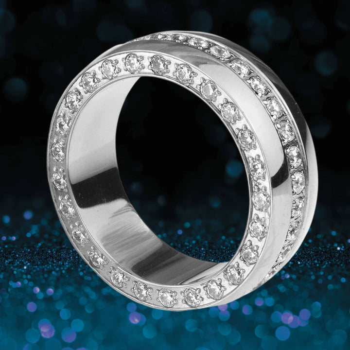 Odyssey Steel Unisex Ring crafted from stainless steel with a polished finish, featuring two rows of sparkling stones encircling the band.