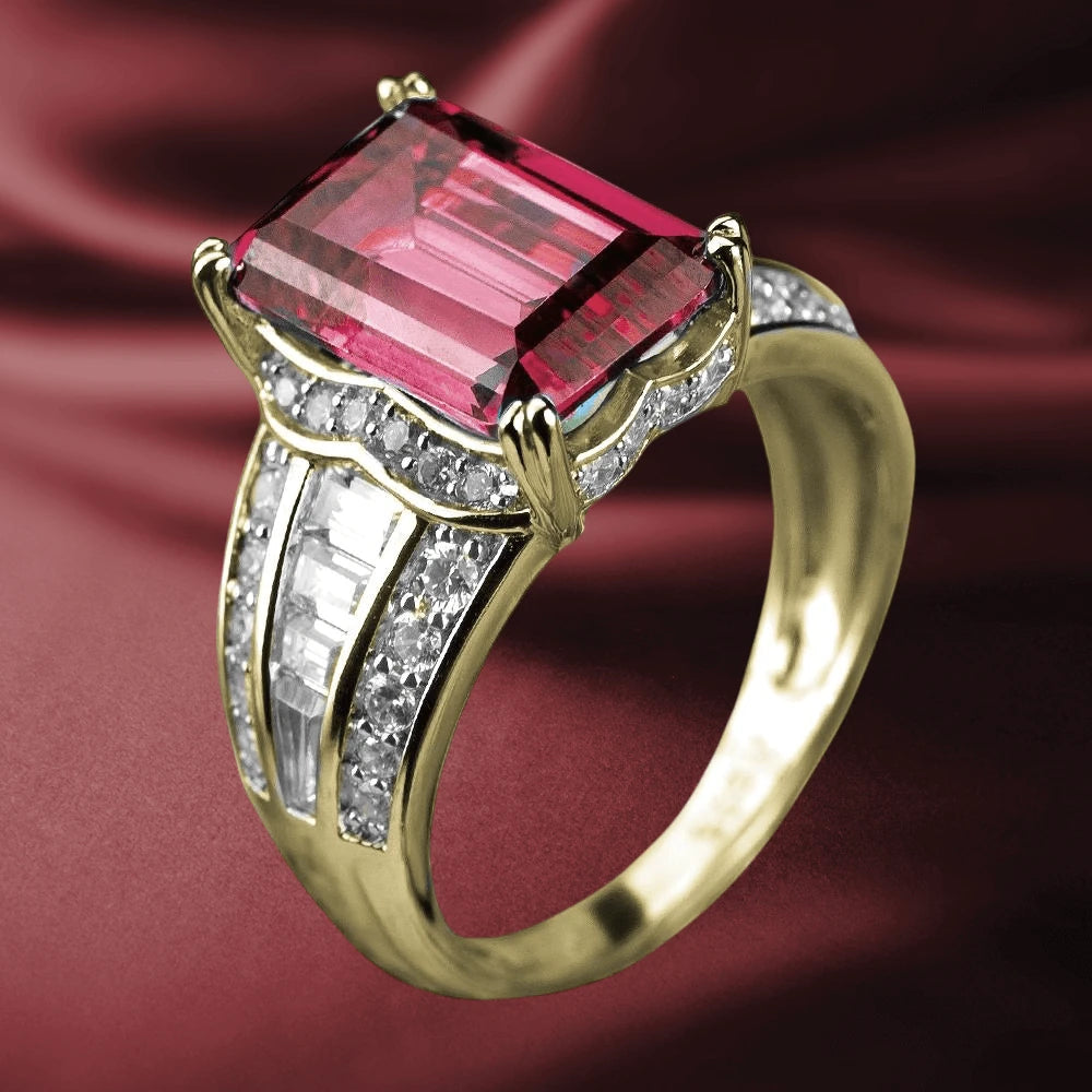 Orianna Gold Ring featuring a gold plated sterling silver band adorned with a large rectangular pink gemstone and intricate diamond accents, designed for women’s jewelry collections.