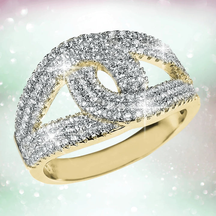 Eve Gold Ring featuring intertwined design with sterling silver adorned in gold plating and sparkling stones, elegant female jewelry ring perfect for special occasions.