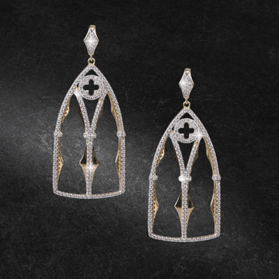 Abbey Earrings crafted in sterling silver with gold plating, featuring an intricate, sculptural design inspired by architectural elements, elegant jewelry for women.