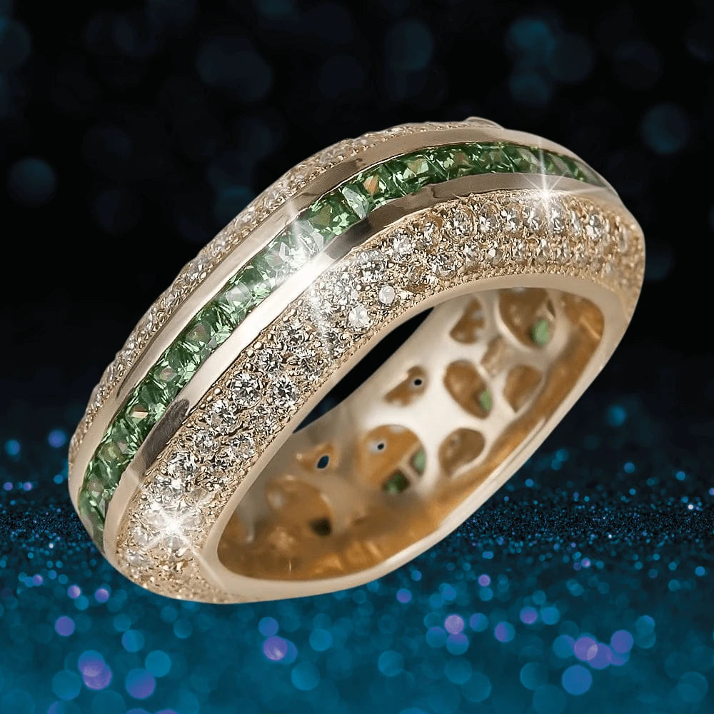 Palacio Gold Ring crafted in sterling silver with gold plating, featuring a stunning design with sparkling clear and green gemstones, perfect jewelry for women.