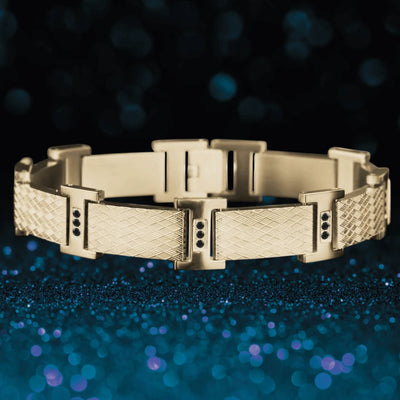 Rafferty Steel Bracelet crafted from gold plated stainless steel for men, featuring textured rectangular links with black stone accents, perfect for stylish jewelry collections.