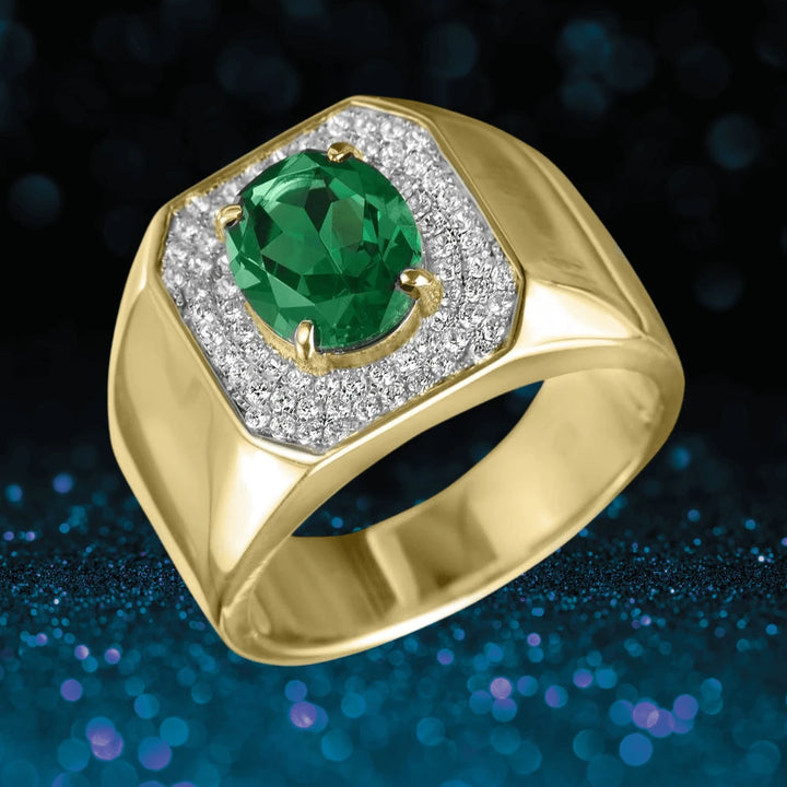 Challenger Men's Ring featuring a gold plated sterling silver band with a large green gemstone centerpiece surrounded by sparkling clear stones, elegant men's jewelry design.