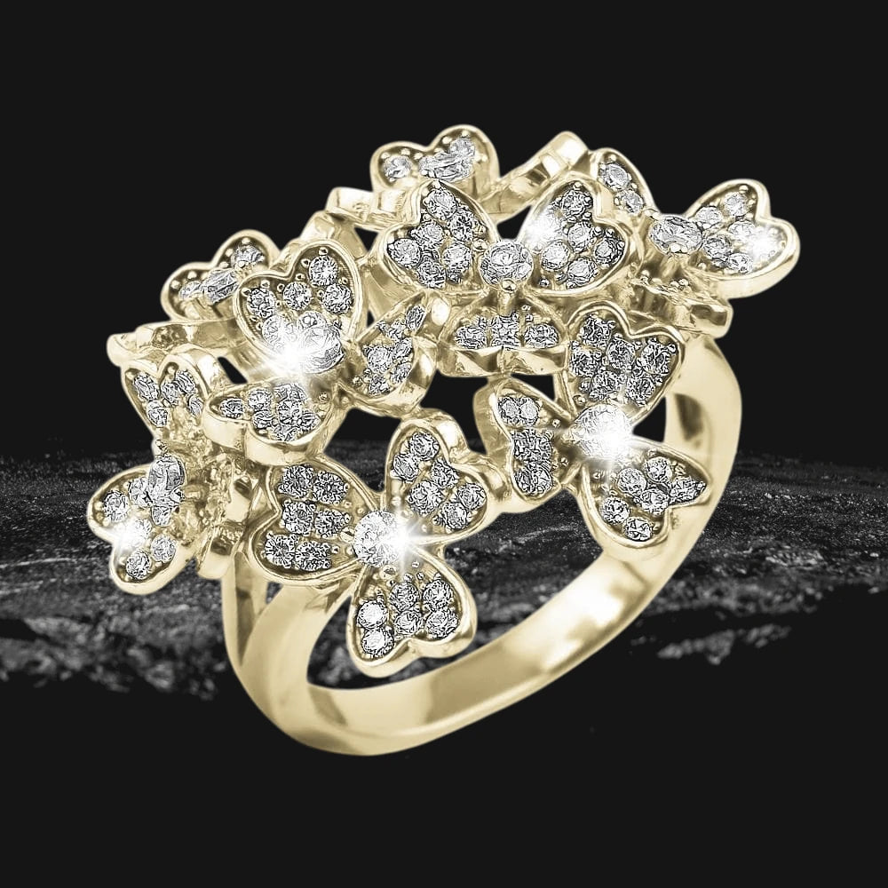 Bouquet Gold Ring featuring delicate butterflies adorned with sparkling crystals, crafted in sterling silver with gold plating, designed for women seeking elegant jewelry.