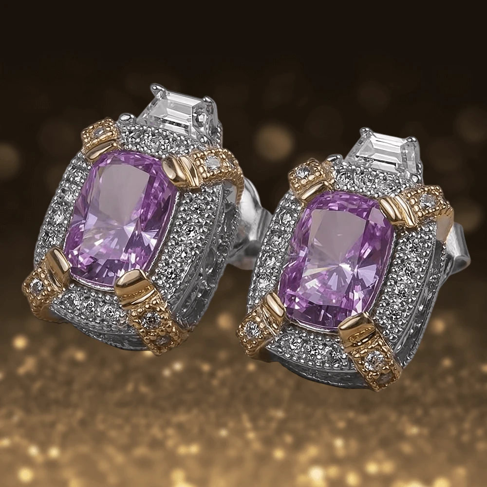 Dahlia Blossom Earrings featuring two-tone sterling silver with sparkling purple and clear gemstones, designed for a sophisticated female jewelry collection.