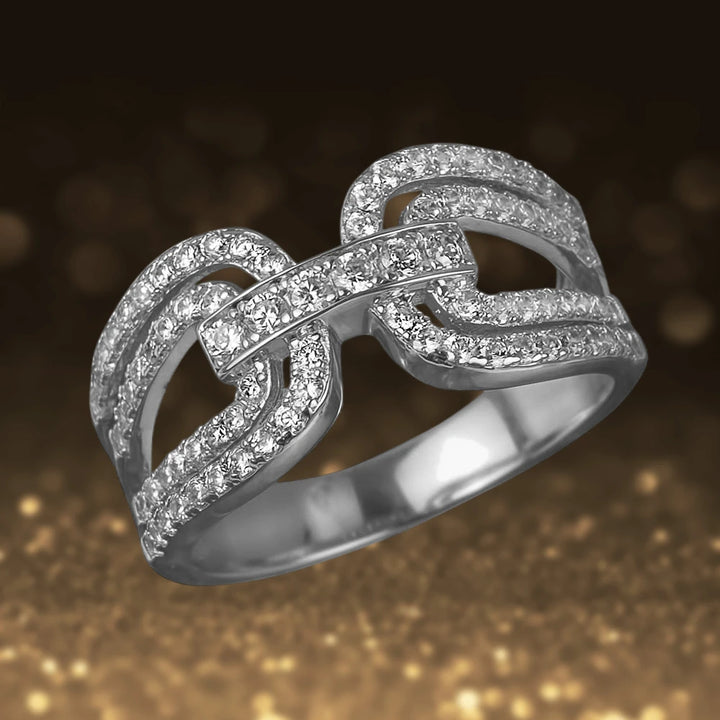 Gancini Rhodium Ring for females crafted from sterling silver with rhodium plating, featuring an elegant linked design adorned with sparkling stones, perfect for fine jewelry collections.