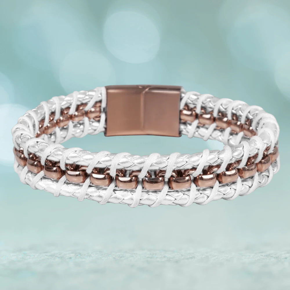 Melrose White Leather Bracelet featuring sterling silver and rose gold plating, designed for female jewelry collectors seeking stylish and elegant bracelets.