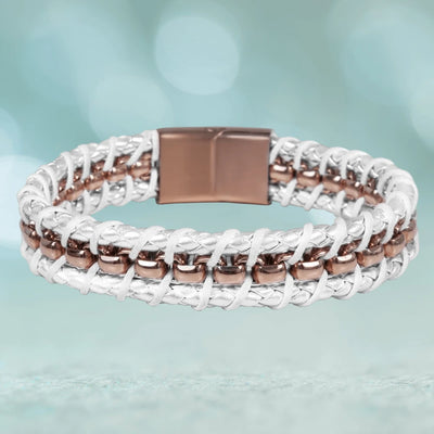 Melrose White Leather Bracelet featuring sterling silver and rose gold plating, designed for female jewelry collectors seeking stylish and elegant bracelets.