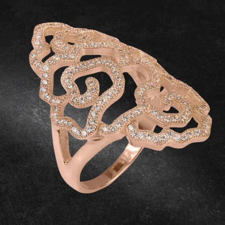 Desert Rose Ring featuring an intricate rose gold plated sterling silver design adorned with sparkling stones, crafted for women’s jewelry collections.