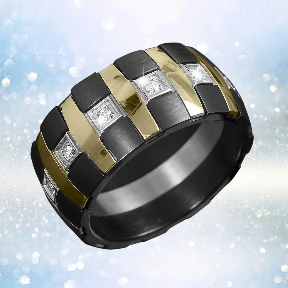 Midnight Men's Ring featuring a two-tone stainless steel design with alternating black and gold plating, accented by sparkling clear stones for a bold, sophisticated look.