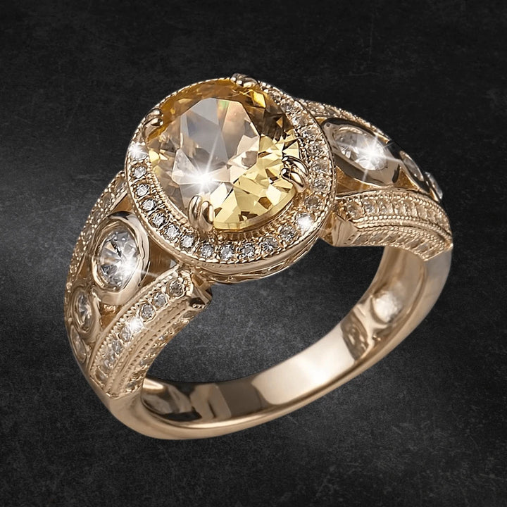 Shangri-La Yellow Ring featuring a large yellow gemstone centerpiece, surrounded by sparkling accents, crafted in sterling silver with gold plating, designed for women’s jewelry collections.