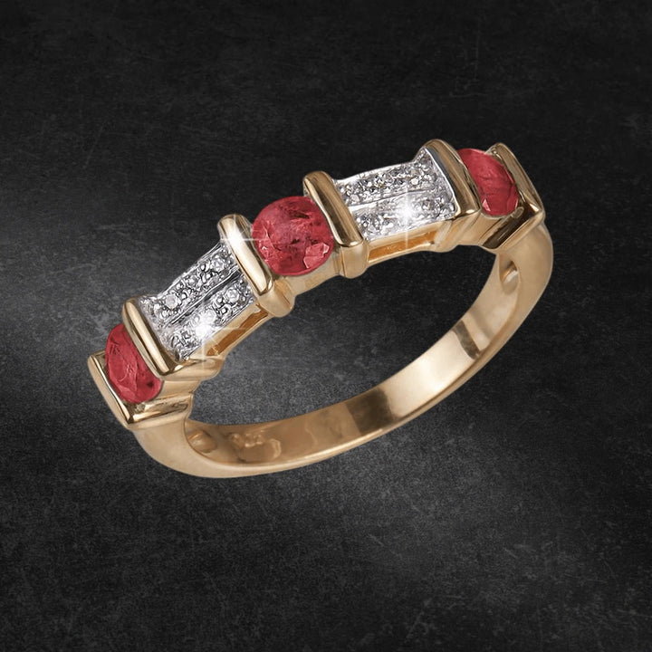 Trieste Ruby Gem Ring featuring sterling silver with gold plating, designed for women, showcasing alternating round ruby gems and sparkling clear stones in an elegant band.