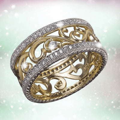 Rococo Garland Ring in sterling silver featuring a two-tone design with intricate filigree and sparkling accents, crafted for a female jewelry collection.