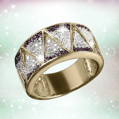 Cleopatra Ring in sterling silver with gold plating, featuring sparkling clear and purple gemstones in a geometric pattern designed for women’s jewelry.