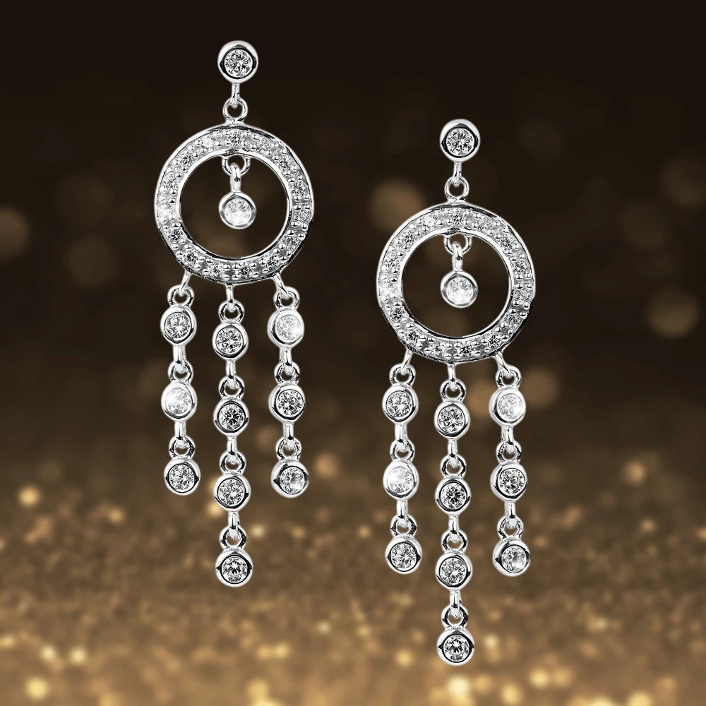 Raindrop Chandelier Rhodium Earrings made of sterling silver with rhodium plating, featuring a circular design with dangling sparkling stones, elegant for female jewelry.