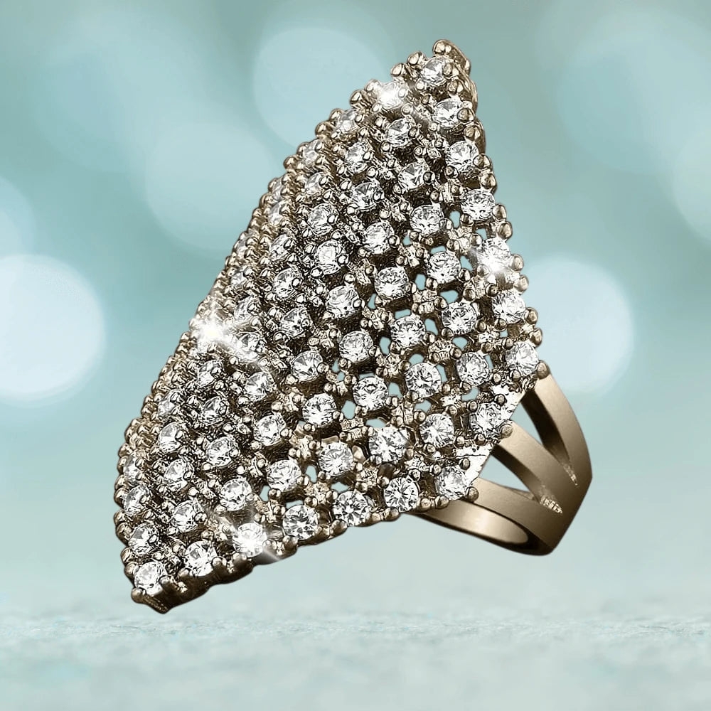 Bella Ring featuring sterling silver with gold plating, designed for women, encrusted with multiple sparkling gemstones in an elegant intricate pattern.