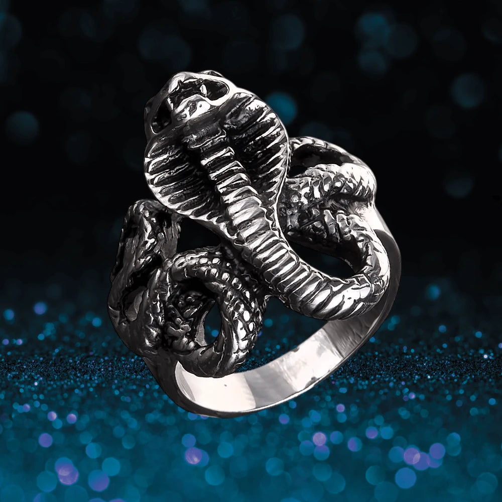 Venom Men's Steel Ring featuring a detailed stainless steel cobra design, showcasing intricate scales and a coiled serpent shape, perfect for bold men's jewelry.