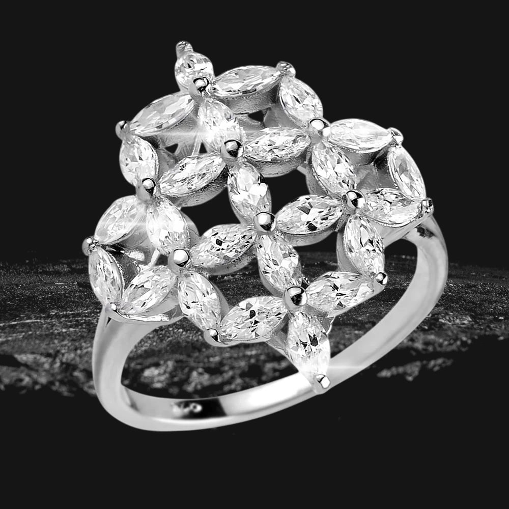 Floretta Rhodium Ring featuring a sterling silver band with an elegant floral-inspired design accented by sparkling marquise-cut stones, crafted for women.