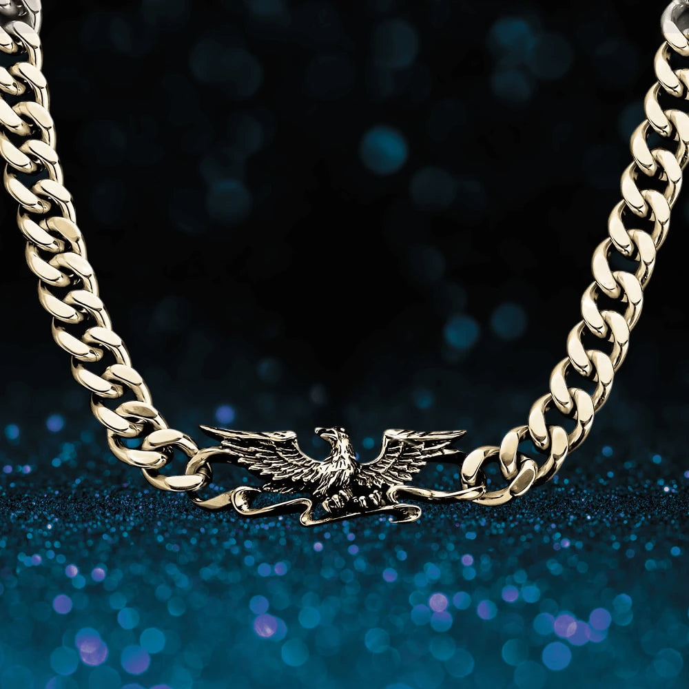 Patriot Eagle Gold Necklace featuring a detailed eagle pendant on a thick gold-plated stainless steel chain for men, a bold statement jewelry piece.