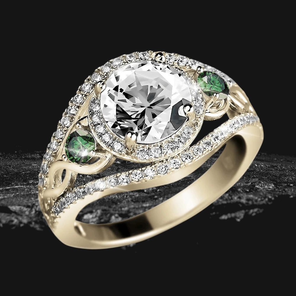 Garden Ring in sterling silver with gold plating, featuring a large central clear gemstone surrounded by smaller white stones and two green accent stones, designed for female jewelry.