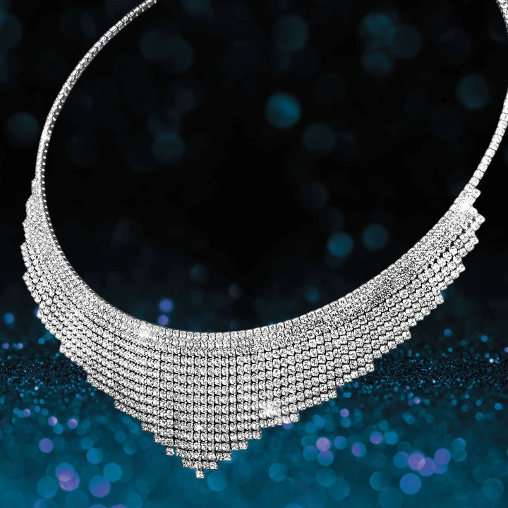 Tassle Necklace featuring white base metal with rhodium plating, designed for women, showcasing multiple rows of sparkling, cascading tassel-style chains perfect for elegant jewelry collections.