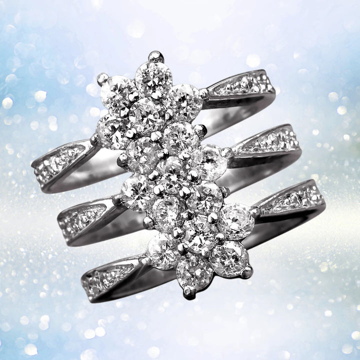 Flower Journey Rhodium Ring featuring a sterling silver band with intricate rhodium plating and sparkling floral-inspired diamond accents, designed for women’s elegance and style.