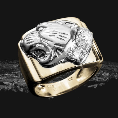 Panthera Rings sterling silver men's ring featuring a detailed two-tone design with a roaring panther head and sparkling cubic zirconia accents.