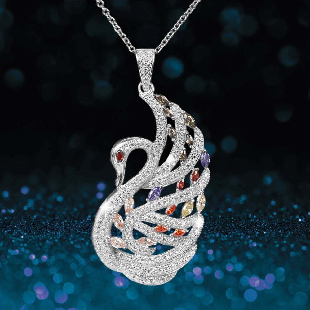 Royal Swan Pendant in sterling silver with rhodium plating, featuring an elegant swan design adorned with multicolored gemstones, crafted for women’s jewelry.