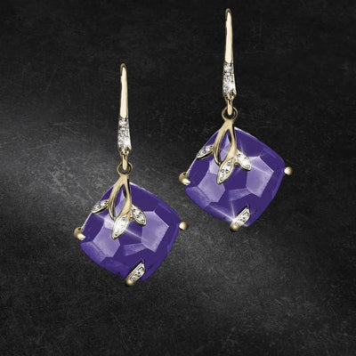 Harmony Floral Earrings featuring gold-plated sterling silver with purple faceted stones and delicate leaf-shaped accents, designed elegantly for women’s jewelry collections.