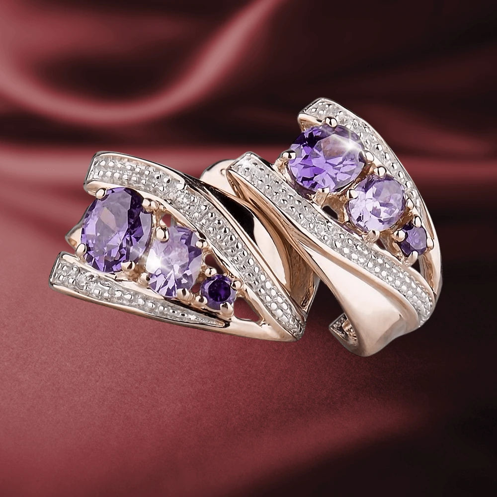 Roxo Shades Earrings featuring elegant purple gemstones set in a polished silver and rose gold design, perfect for refined female jewelry collections.