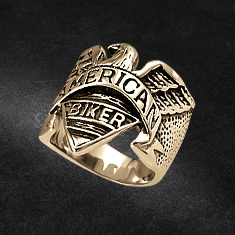 Eagle Rider Ring crafted from gold-plated stainless steel, featuring a detailed eagle design and engraved with 