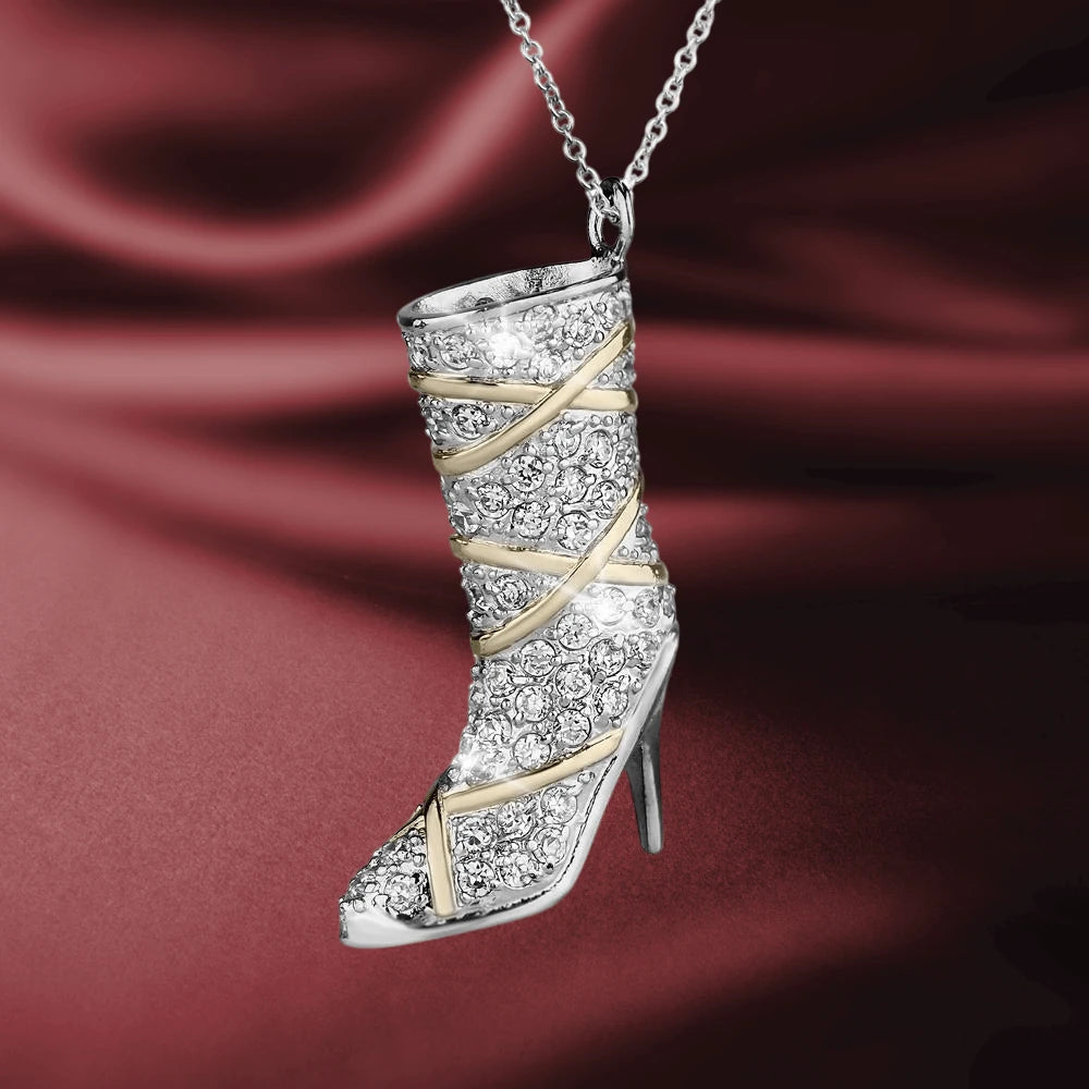 Passarela Boot Pendant in sterling silver with two-tone plating, designed for women, featuring intricate crystal detailing on a high-heeled boot shape necklace.