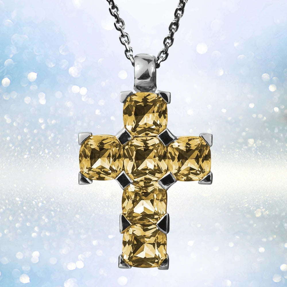 Champagne Milano Cross pendant featuring sparkling yellow gemstones set in sterling silver with rhodium plating, designed for women’s elegant jewelry collections.