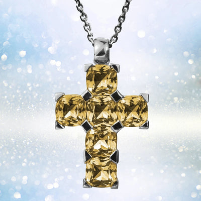 Champagne Milano Cross pendant featuring sparkling yellow gemstones set in sterling silver with rhodium plating, designed for women’s elegant jewelry collections.